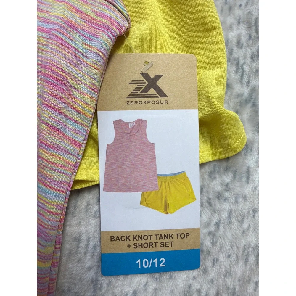 ZeroXposur Girls 2pc Active Set Back Knot Tank Top Shorts Space Dye Yellow 10/12